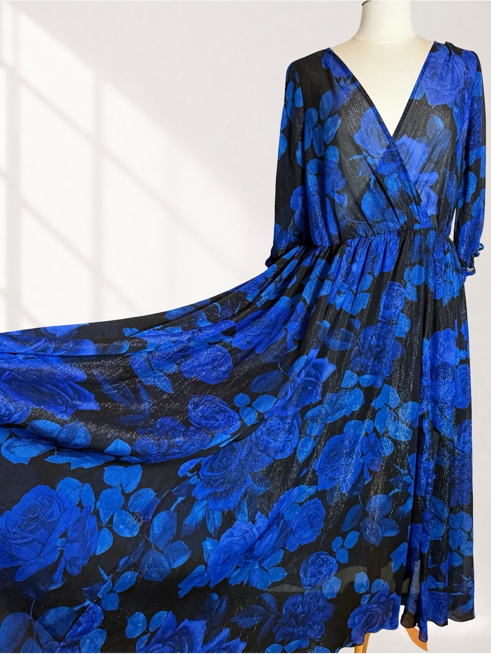 Alexa B Nites Blue Black Metallic Floral Maxi Dress 14